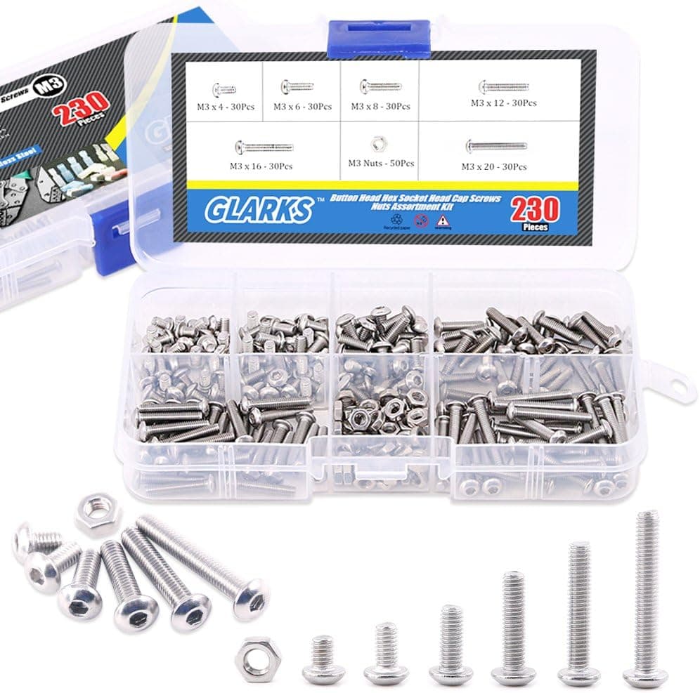 Glarks 230Pcs M3 Stainless Steel Button Head Socket Cap Bolts Screws Nuts Kit