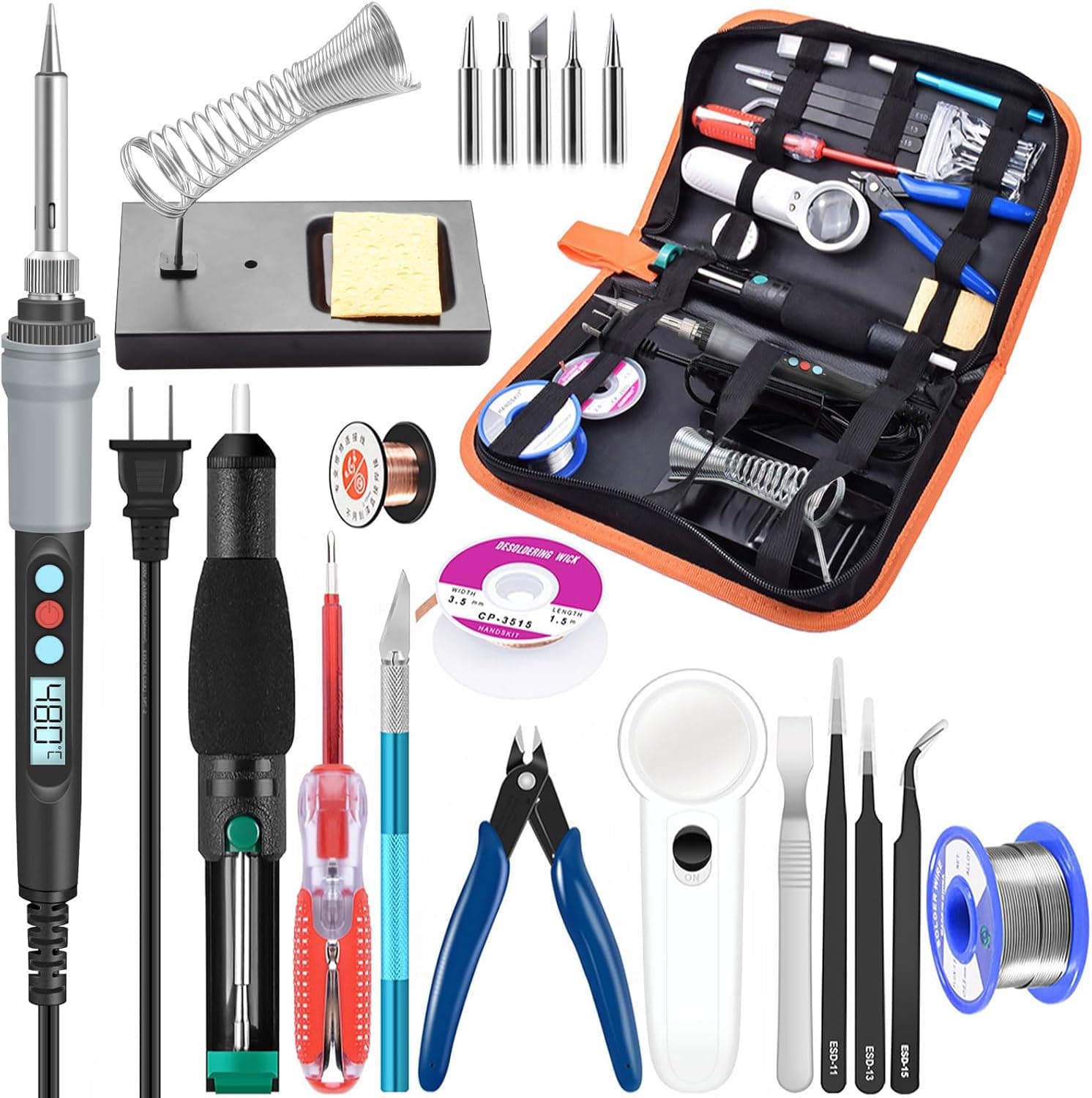 Soldering Iron Kit Electronics 21-in-1 90W Adjustable, 5 Tips, Stand, Desoldering Pump, Magnifier, Tweezer