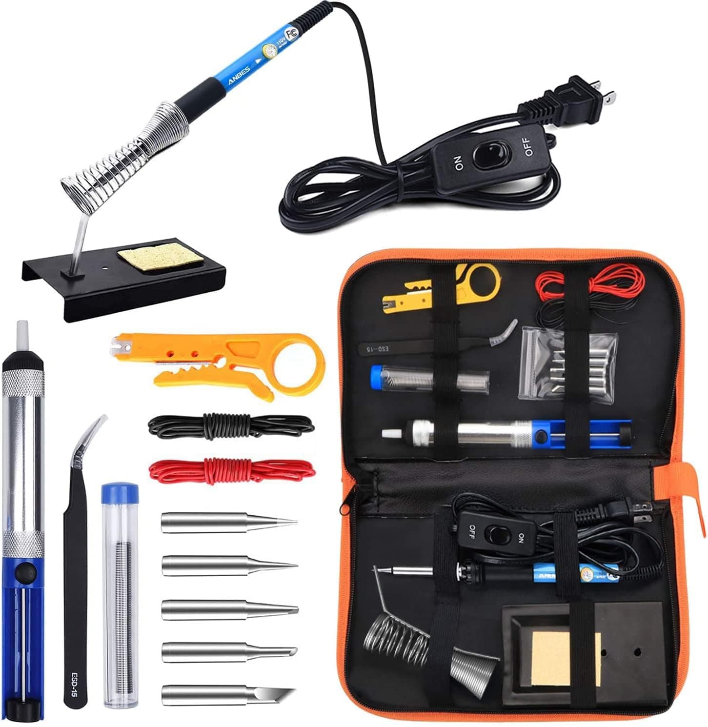ANBES Soldering Iron Kit Electronics 60W Adjustable Temperature, 5 Tips, Desoldering Pump, Stand, Tweezers