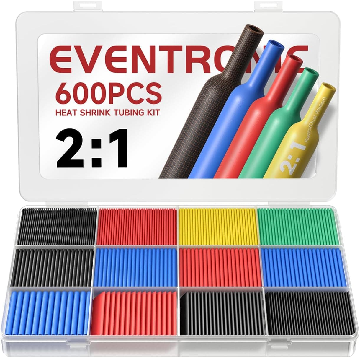 Eventronic 600PCS Heat Shrink Tubing 2:1 Assortment Kit 5 Colors 12 Sizes