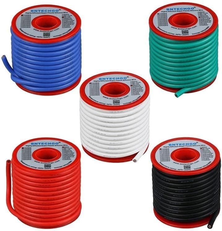 BNTECHGO 12 Gauge Silicone Wire Kit Red Black White Blue Green Each 25ft Stranded Tinned Copper