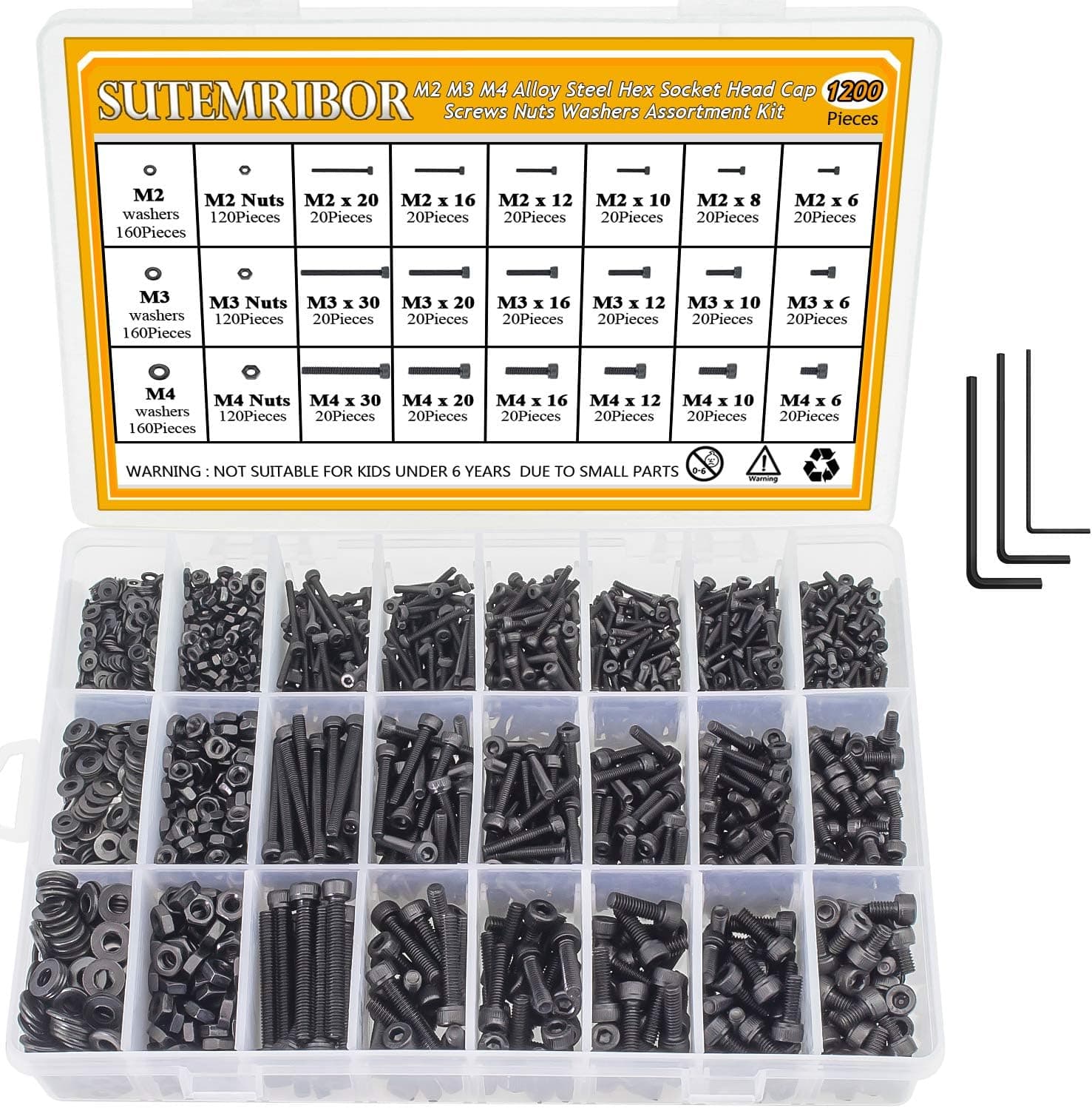 Sutemribor M2 M3 M4 Alloy Steel Hex Socket Head Cap Screws Nuts Washers Kit 1200PCS
