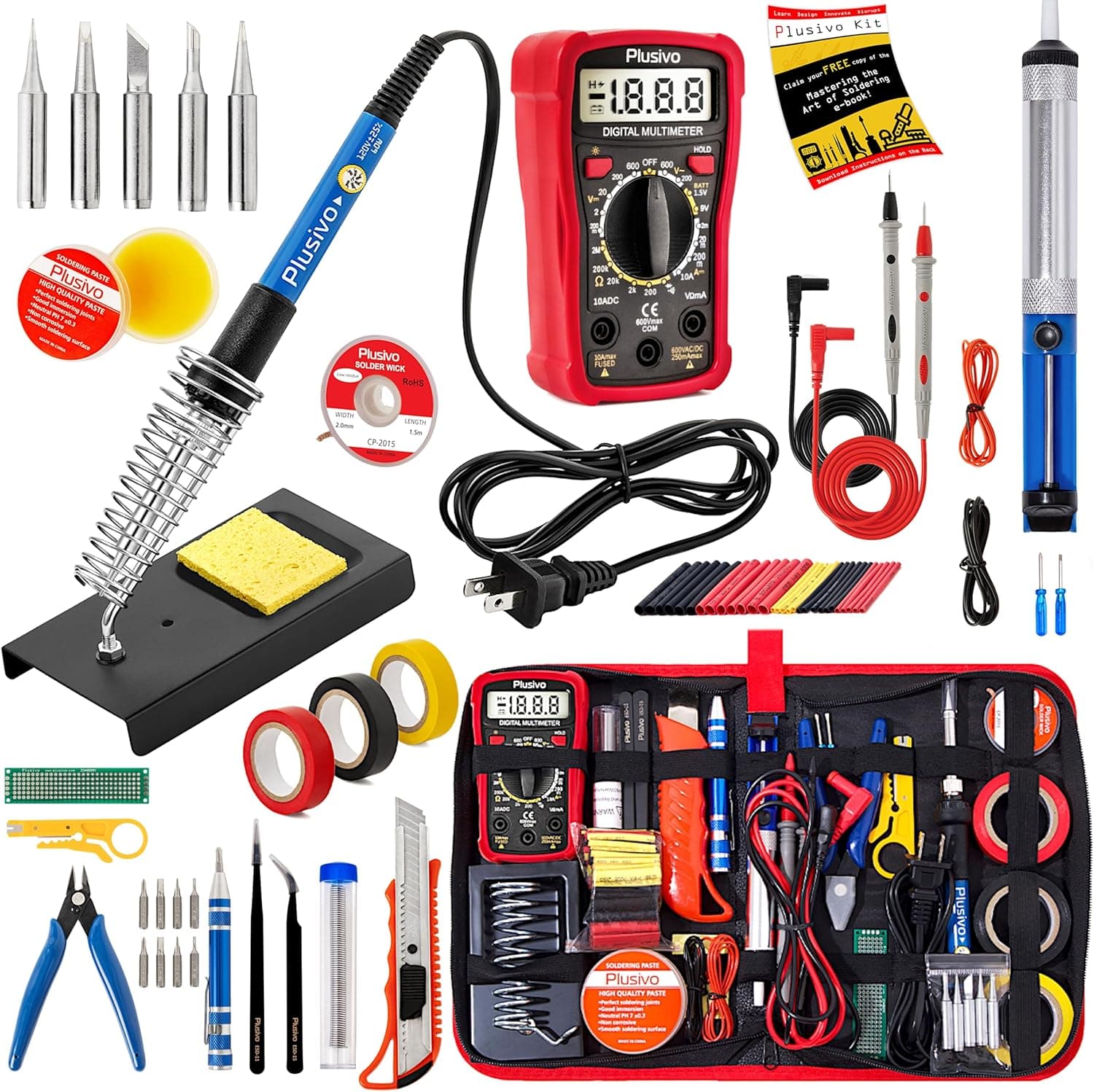Soldering Iron Kit 60W 30-in-1, 5 Tips, Digital Multimeter, Solder Wire, Paste, Desoldering Pump, Tweezers
