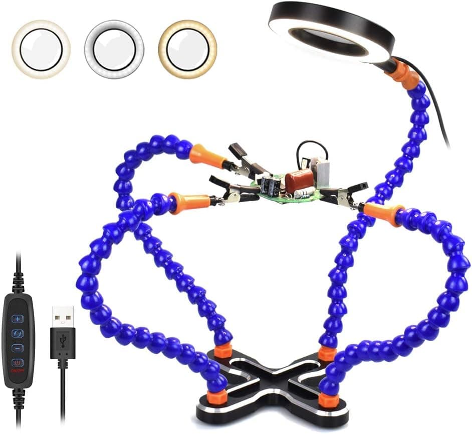 Helping Hands Soldering Third Hand PCB Holder, LED Lighted 3X Magnifying with 4 Flexible Arms