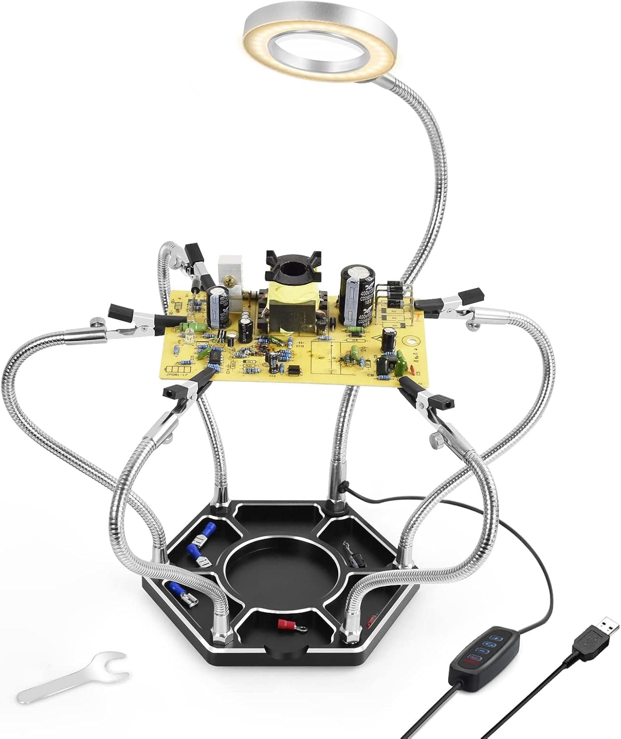 Toolour Helping Hands Soldering Station, Third Hand PCB Holder, 3X Dimmable LED Magnifier, 6 Steel Arms