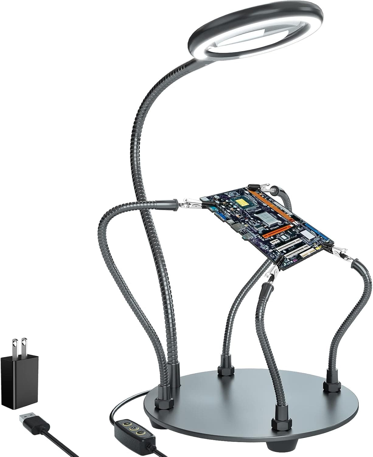 XYK Helping Hands Soldering Station with 3X Magnifying Glass Light, 4 Flexible Arms