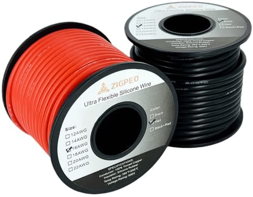 ZIGPEO 16 AWG Silicone Wire 100FT, Extra Flexible 16 Gauge Stranded Copper Wire, High Temp 392℉ 600V - RC, Automotive, Battery | Tinned Copper Conductor - 50FT Red & 50FT Black Spools