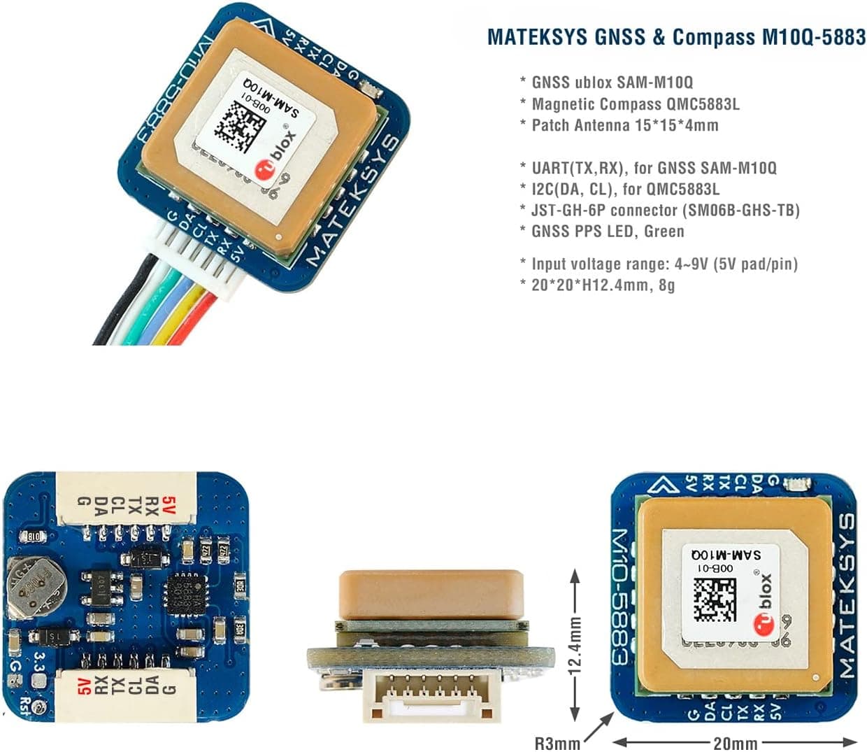 MATEK M10Q-5883 GNSS & Compass Supports GPS GLONASS Galileo BeiDou for Airplane Drone