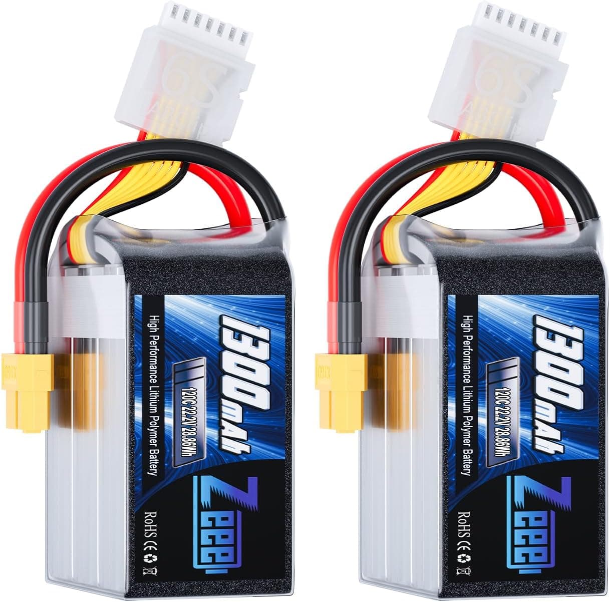 Zeee 6S Lipo Battery 1300mAh 22.2V 120C Graphene XT60 for FPV Drone Racing (2 Pack)