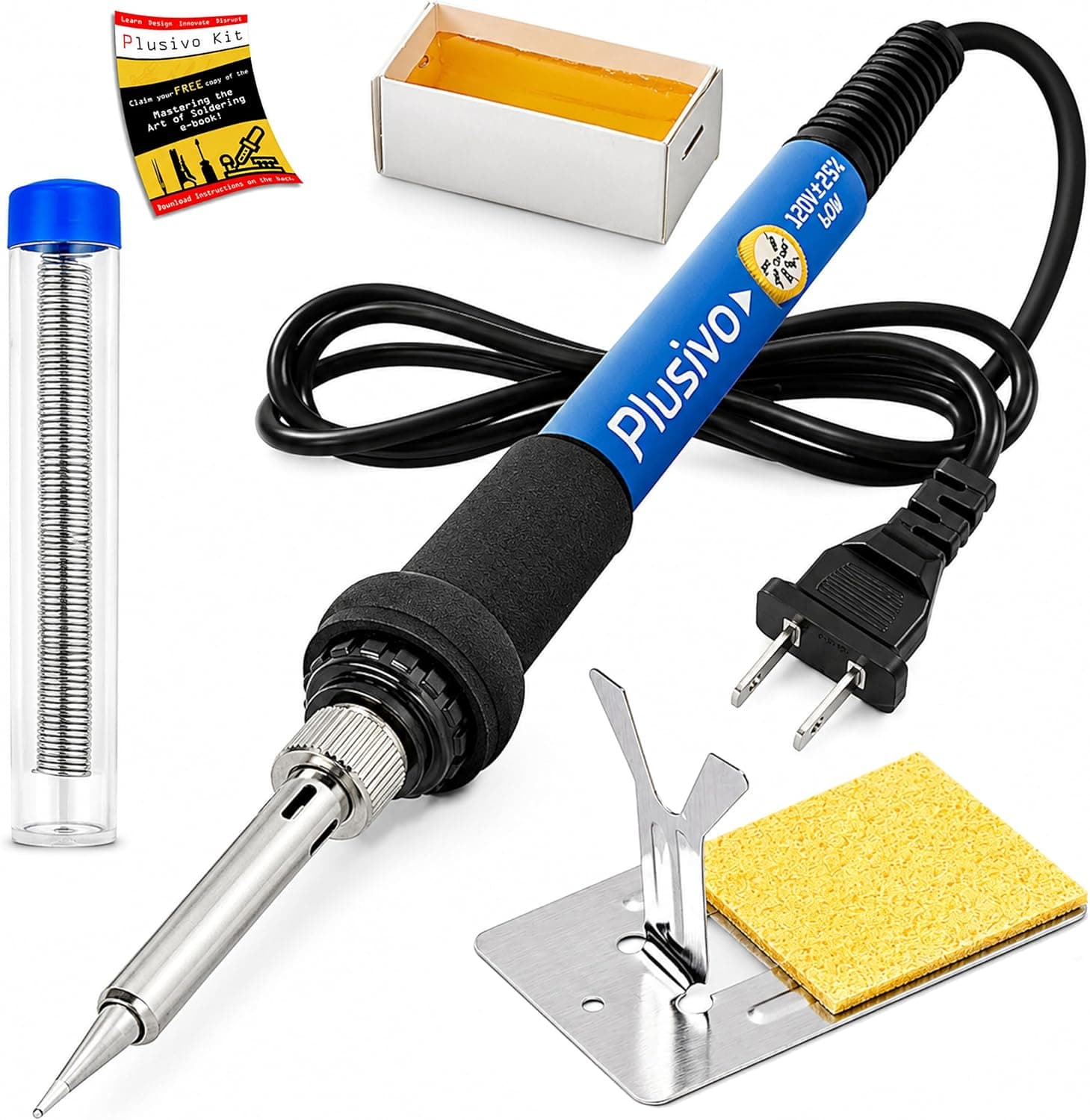 Plusivo Soldering Iron Kit 60W 5-in-1 Solder Wire, Stand, Sponge, Rosin Flux, Desoldering Tool