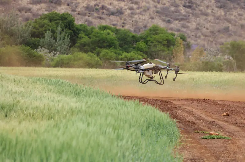 A drone flying over a vibrant green crop field, showcasing modern agricultural technology