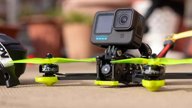 Close-up of a drone equipped with an action camera, ready for aerial adventures