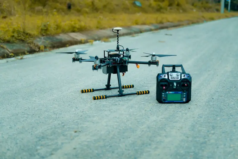 High-tech drone with controller on an empty rural road in Vietnam, showcasing modern technology